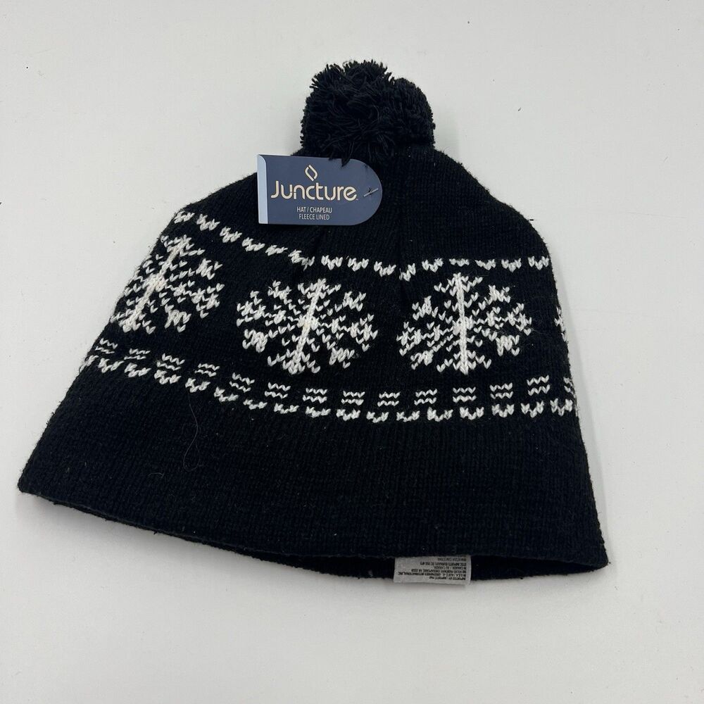 Unisex Men Women Black Toboggan Winter Hat Cap Ski Snowboard Snowflakes NEW